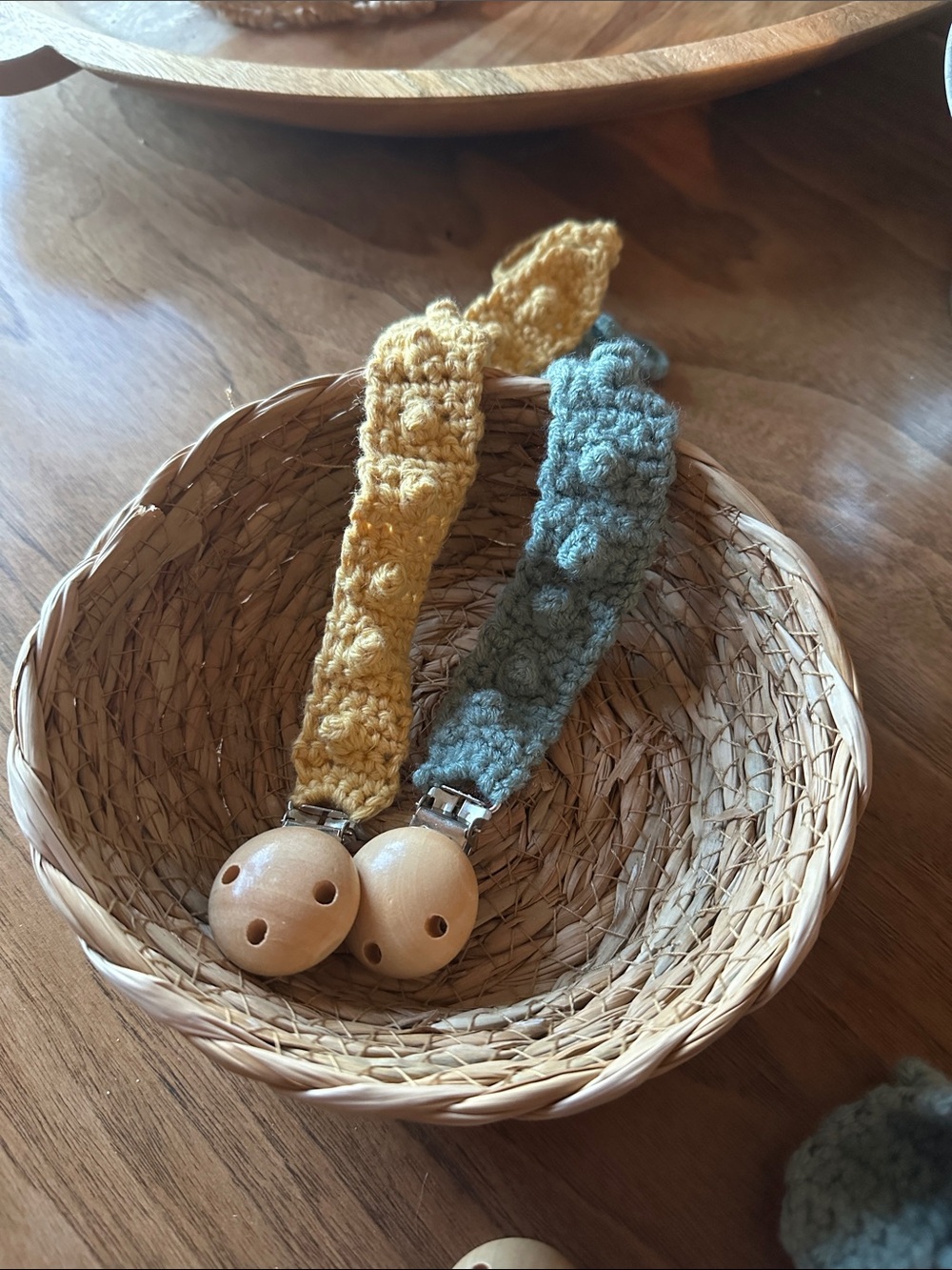 Handmade Crocheted Pacifier Clips - Mustard & Sage Bundle of 2!
